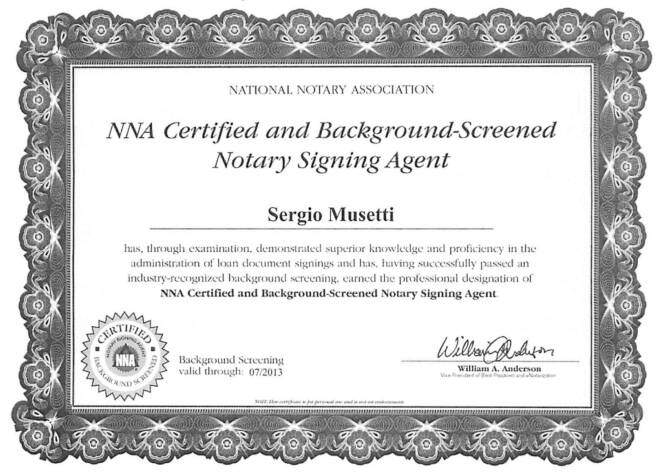 Sergio Musetti Sacramento Mobile Notary Signing Agent Spanish Translation National Notary Association certified and background -screened Notary Signing Agent. Apostille service in California.